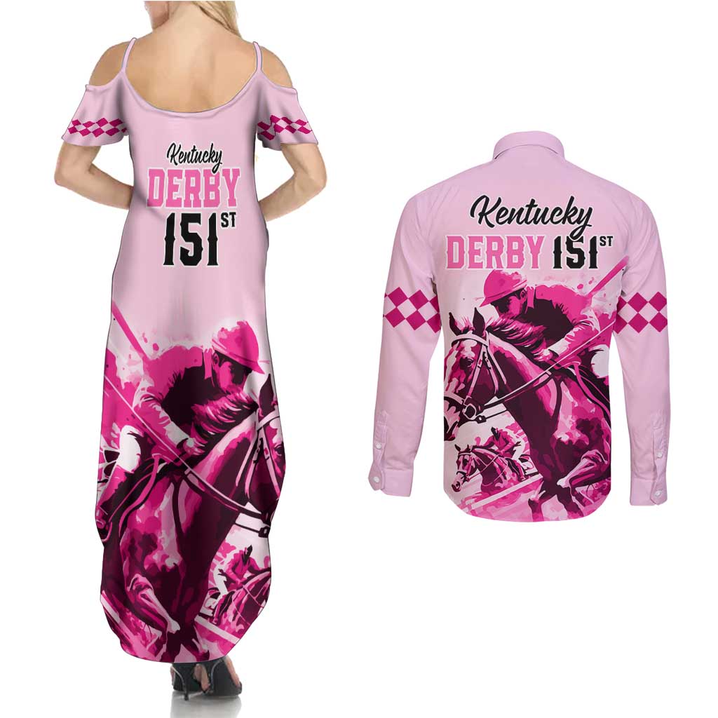 Kentucky Horse Racing Couples Matching Summer Maxi Dress and Long Sleeve Button Shirts 151st Anniversary Sporting Art Pink Version LT9