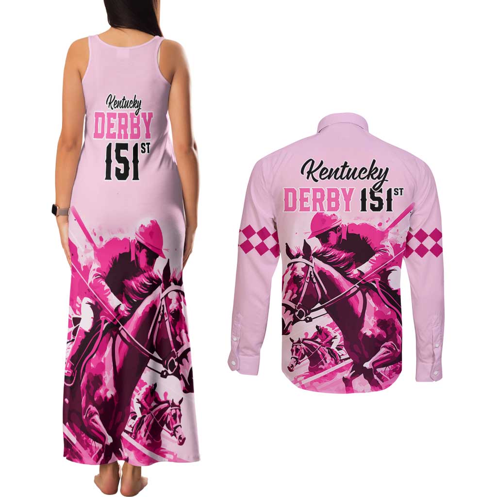 Kentucky Horse Racing Couples Matching Tank Maxi Dress and Long Sleeve Button Shirts 151st Anniversary Sporting Art Pink Version LT9