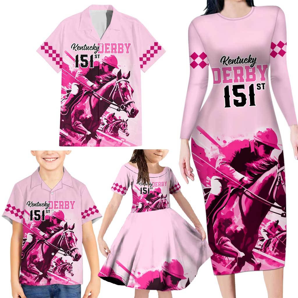 Kentucky Horse Racing Family Matching Long Sleeve Bodycon Dress and Hawaiian Shirt 151st Anniversary Sporting Art Pink Version LT9