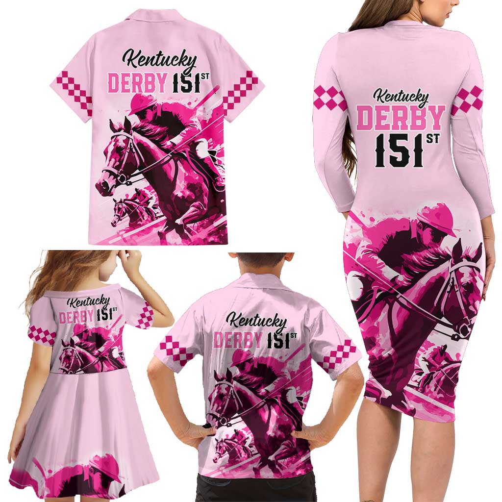 Kentucky Horse Racing Family Matching Long Sleeve Bodycon Dress and Hawaiian Shirt 151st Anniversary Sporting Art Pink Version LT9