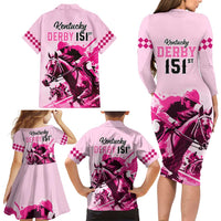 Kentucky Horse Racing Family Matching Long Sleeve Bodycon Dress and Hawaiian Shirt 151st Anniversary Sporting Art Pink Version LT9