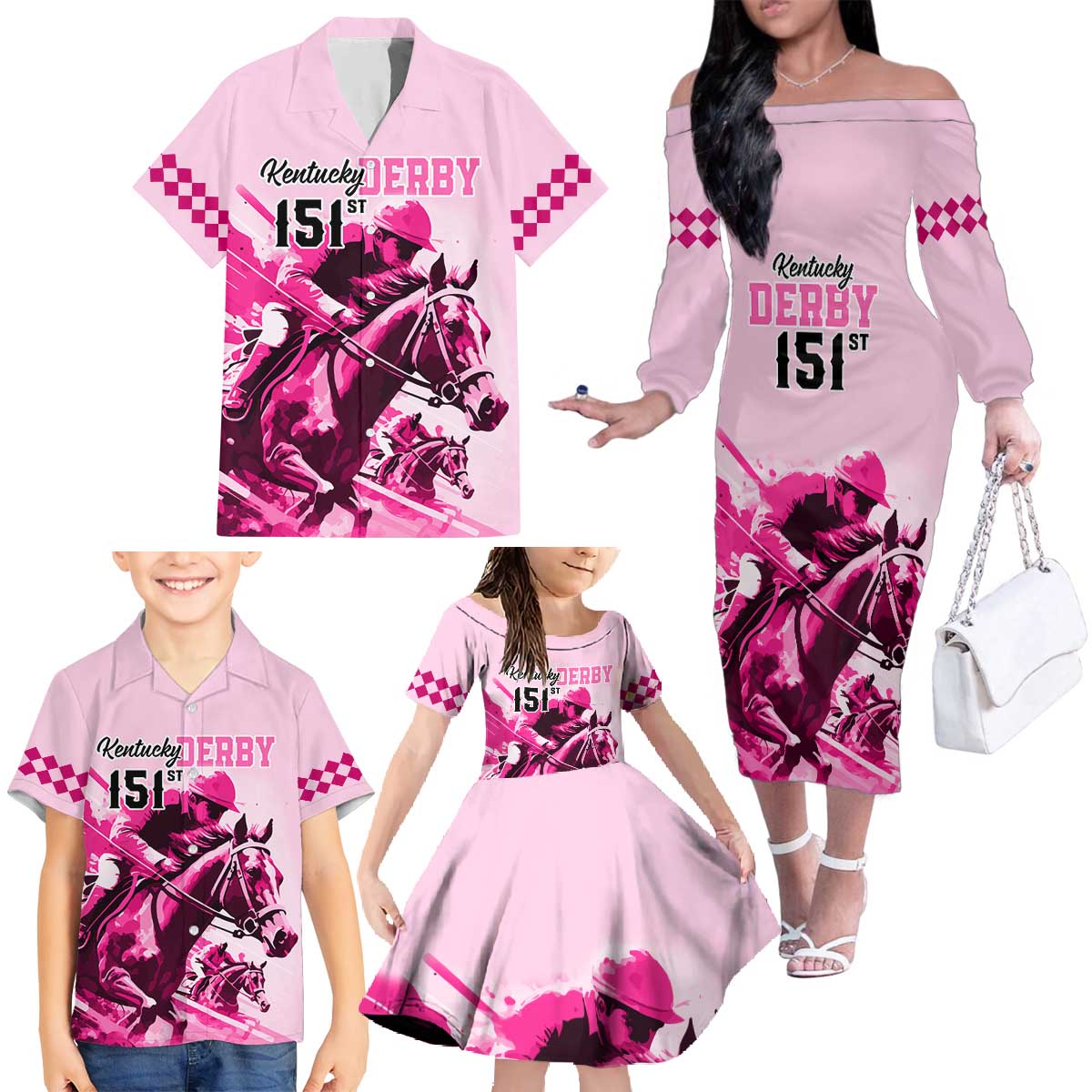 Kentucky Horse Racing Family Matching Off Shoulder Long Sleeve Dress and Hawaiian Shirt 151st Anniversary Sporting Art Pink Version LT9