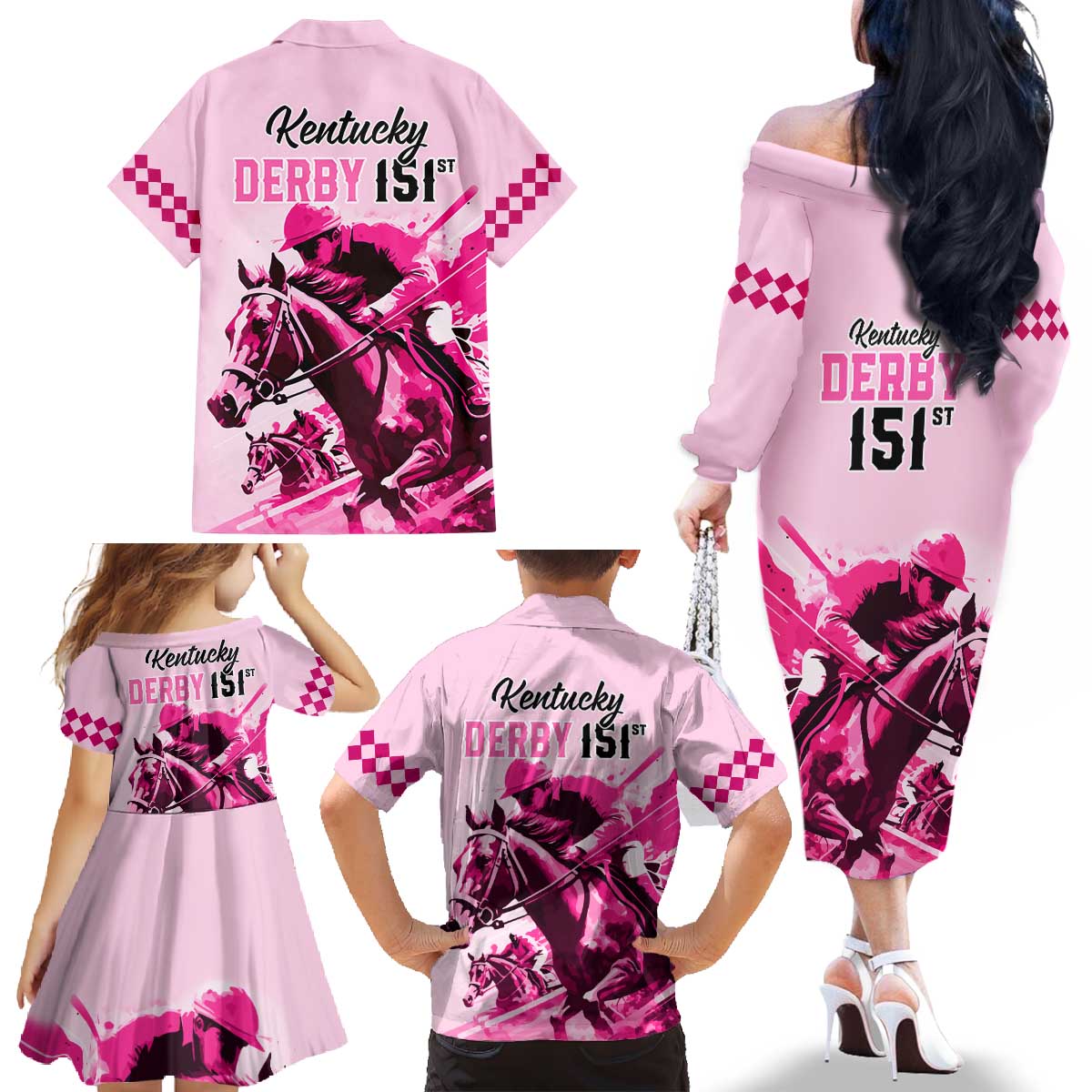 Kentucky Horse Racing Family Matching Off Shoulder Long Sleeve Dress and Hawaiian Shirt 151st Anniversary Sporting Art Pink Version LT9