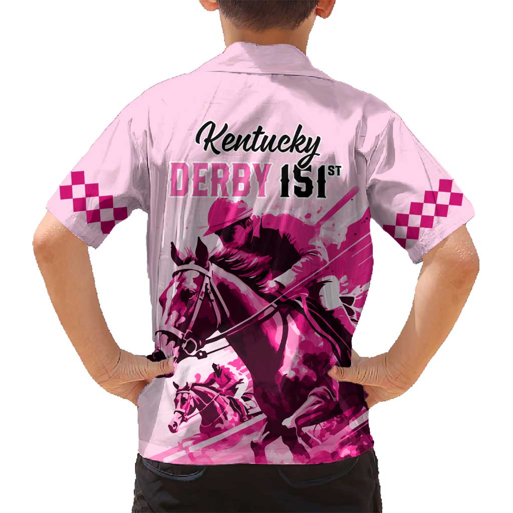 Kentucky Horse Racing Family Matching Off Shoulder Maxi Dress and Hawaiian Shirt 151st Anniversary Sporting Art Pink Version LT9