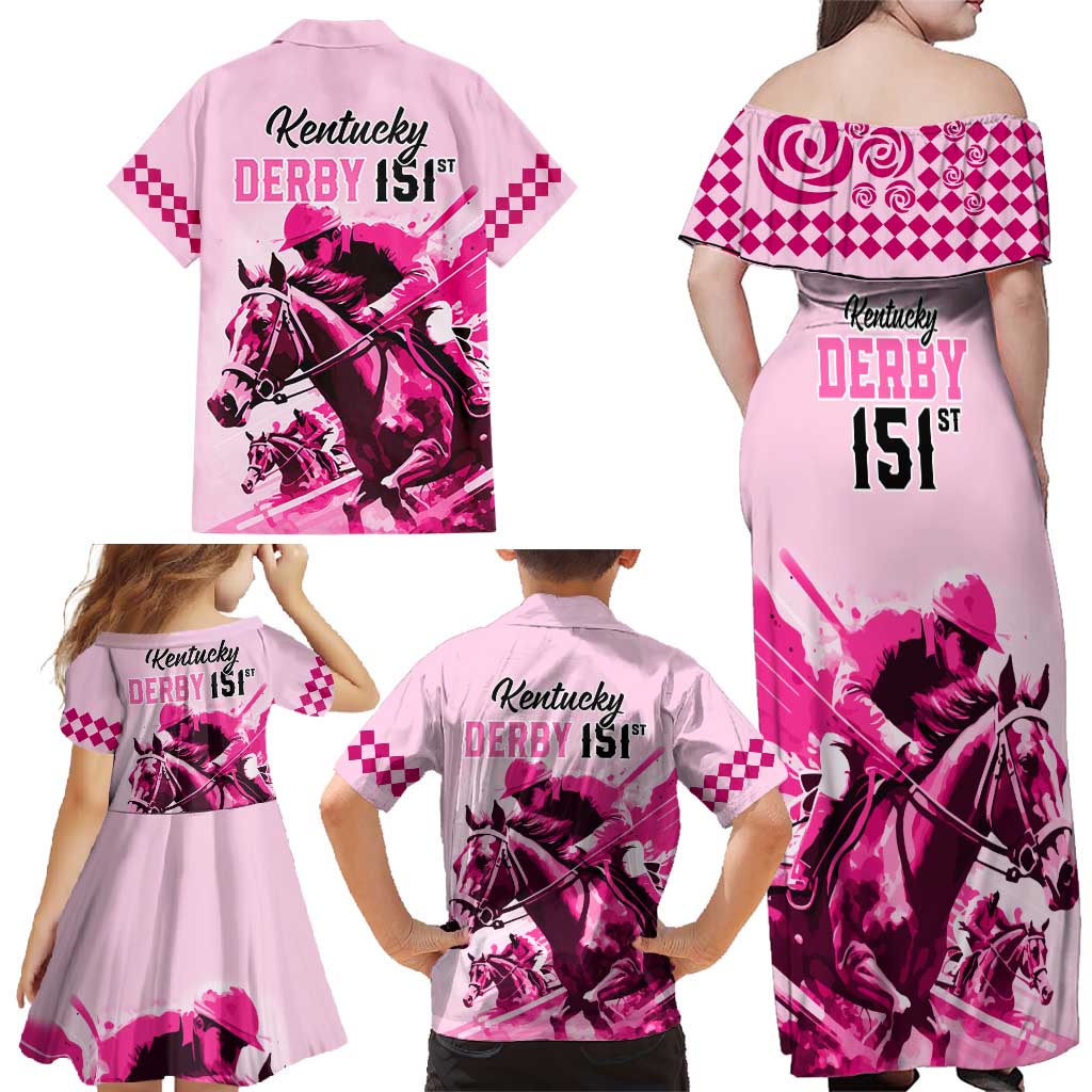 Kentucky Horse Racing Family Matching Off Shoulder Maxi Dress and Hawaiian Shirt 151st Anniversary Sporting Art Pink Version LT9