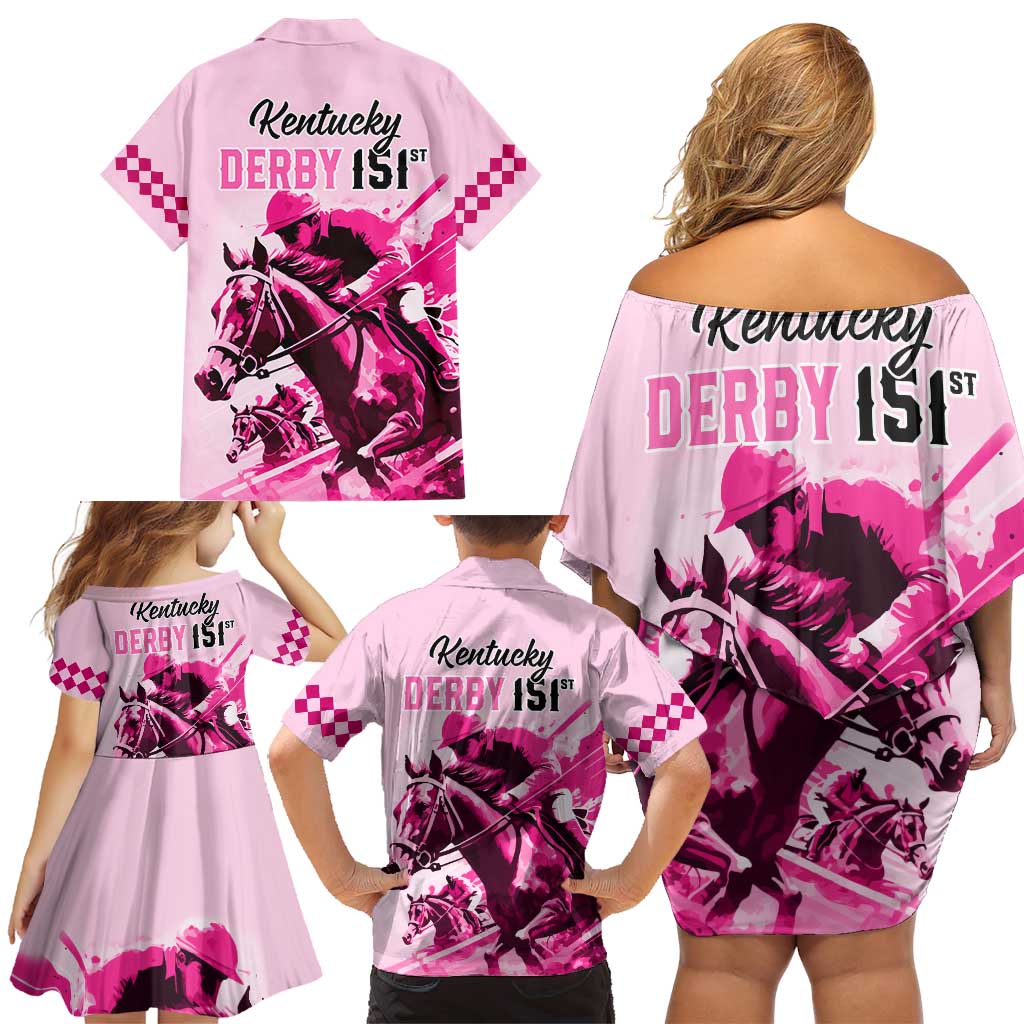 Kentucky Horse Racing Family Matching Off Shoulder Short Dress and Hawaiian Shirt 151st Anniversary Sporting Art Pink Version LT9