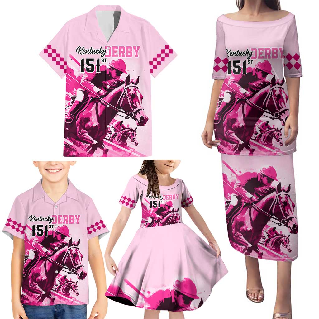 Kentucky Horse Racing Family Matching Puletasi Dress and Hawaiian Shirt 151st Anniversary Sporting Art Pink Version LT9