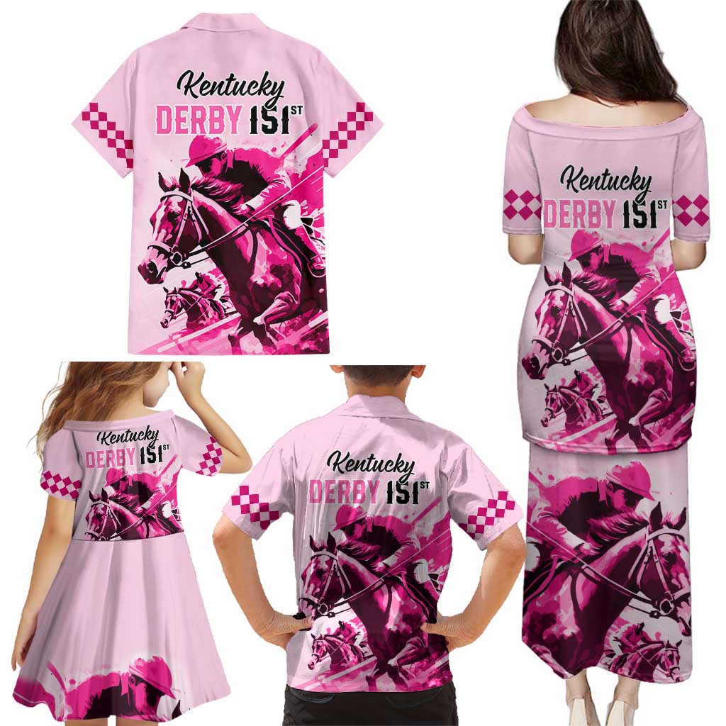 Kentucky Horse Racing Family Matching Puletasi Dress and Hawaiian Shirt 151st Anniversary Sporting Art Pink Version LT9