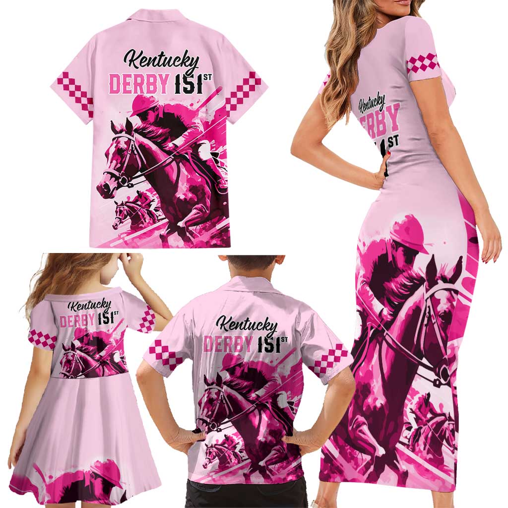 Kentucky Horse Racing Family Matching Short Sleeve Bodycon Dress and Hawaiian Shirt 151st Anniversary Sporting Art Pink Version LT9