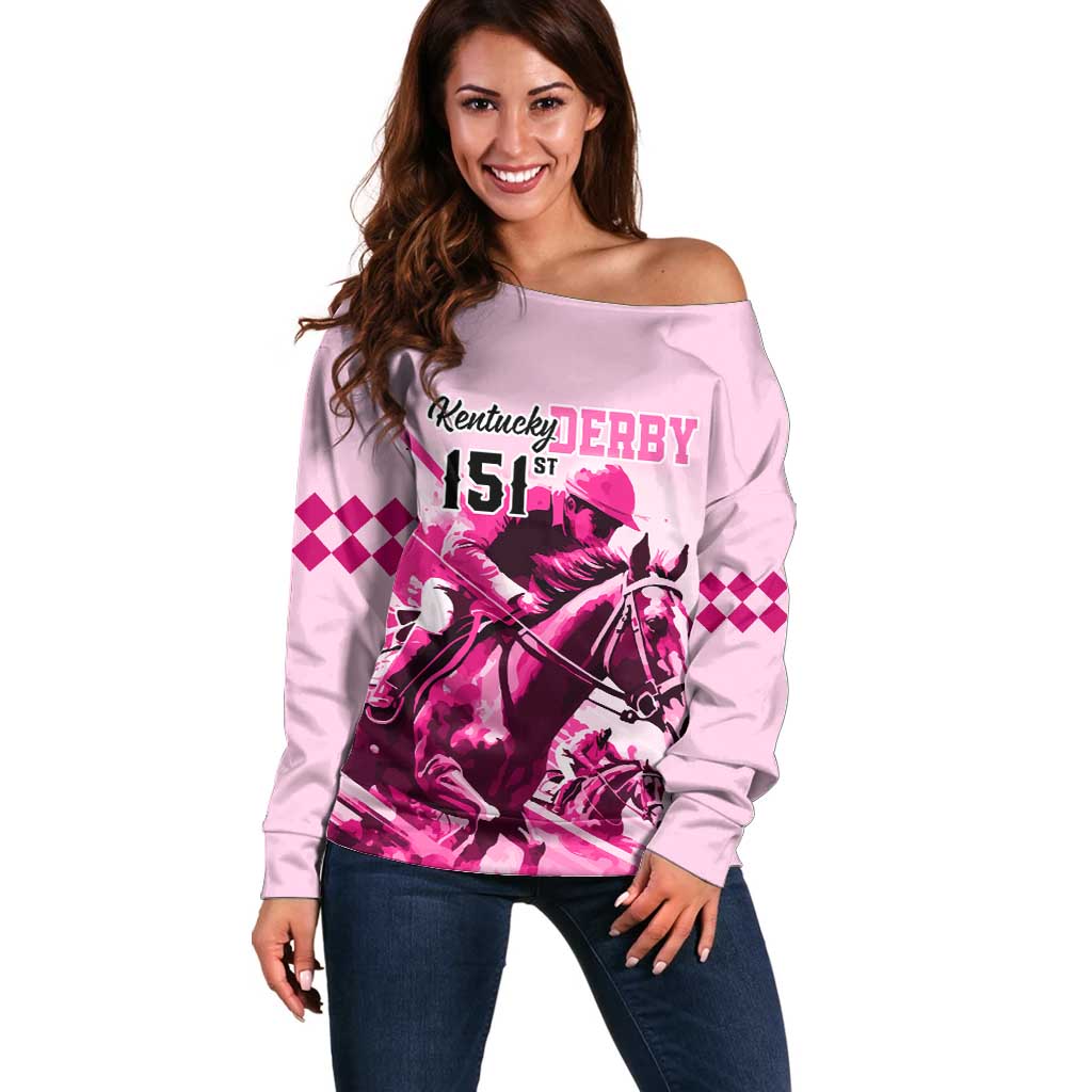 Kentucky Horse Racing Off Shoulder Sweater 151st Anniversary Sporting Art Pink Version LT9