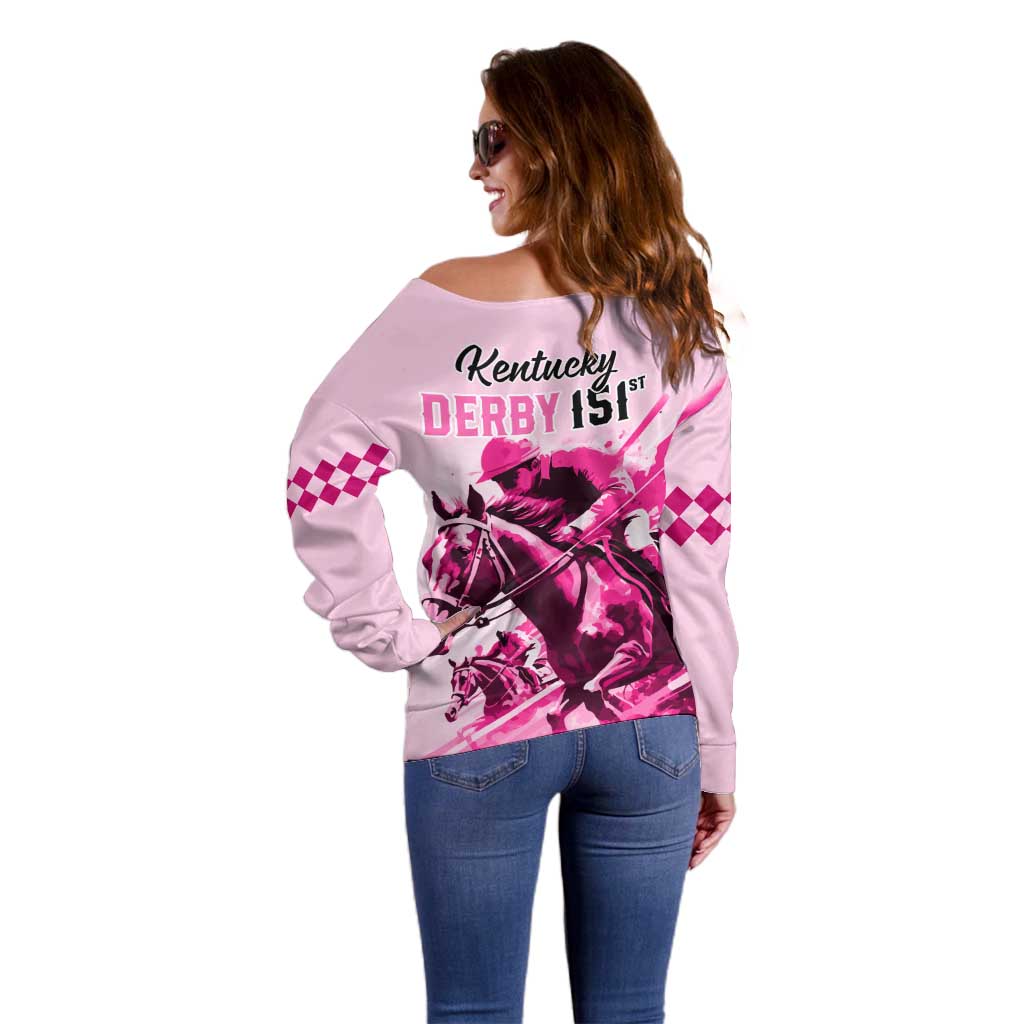 Kentucky Horse Racing Off Shoulder Sweater 151st Anniversary Sporting Art Pink Version LT9