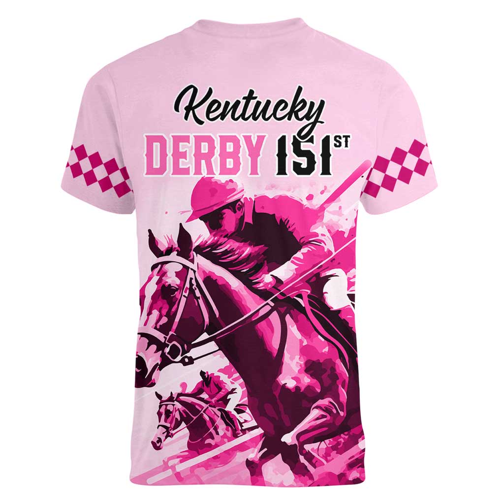 Kentucky Horse Racing Women V Neck T Shirt 151st Anniversary Sporting Art Pink Version LT9
