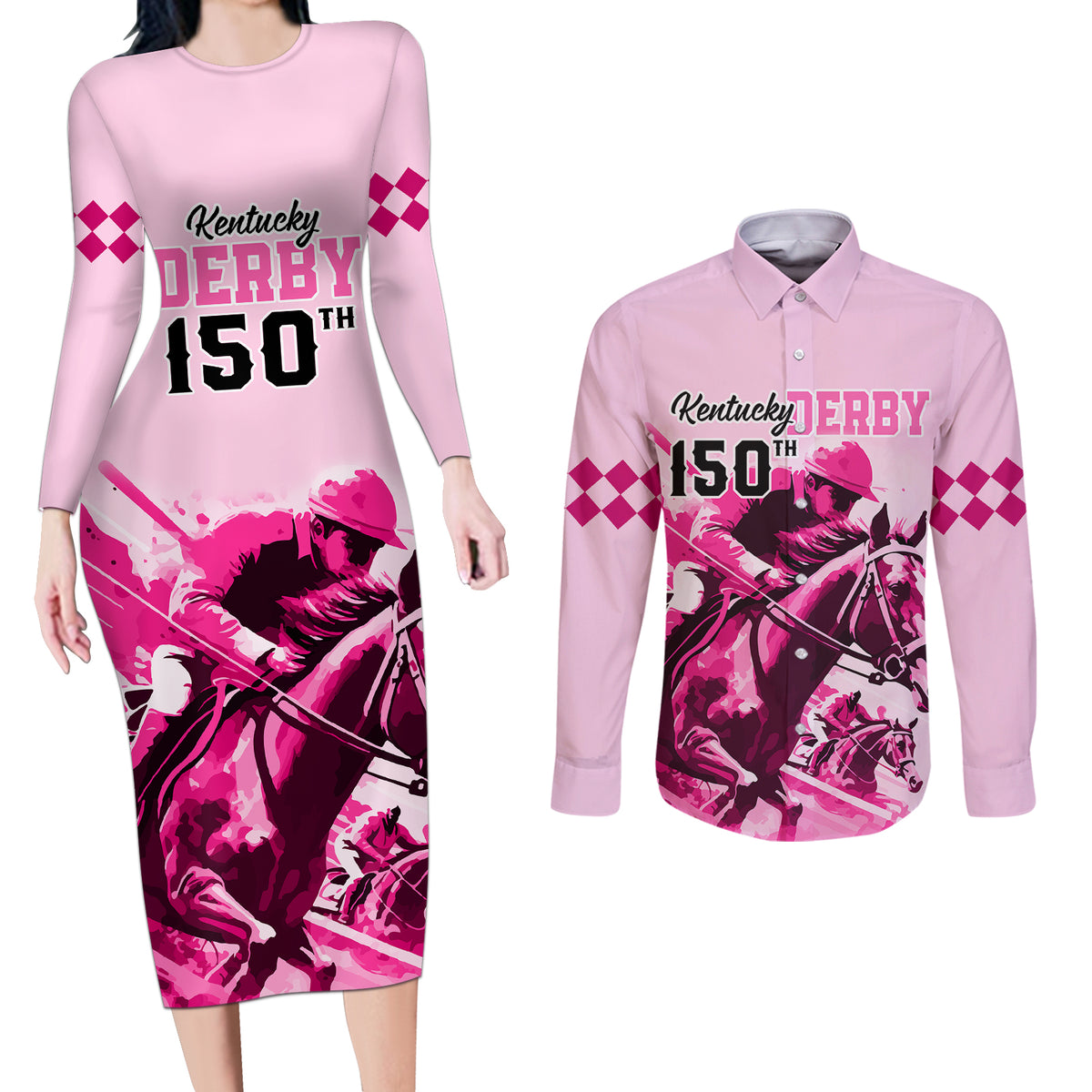 Personalised Kentucky Horse Racing Couples Matching Long Sleeve Bodycon Dress and Long Sleeve Button Shirts 150th Anniversary Sporting Art Pink Version LT9 - Wonder Print Shop