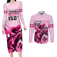 Personalised Kentucky Horse Racing Couples Matching Long Sleeve Bodycon Dress and Long Sleeve Button Shirts 150th Anniversary Sporting Art Pink Version LT9 - Wonder Print Shop