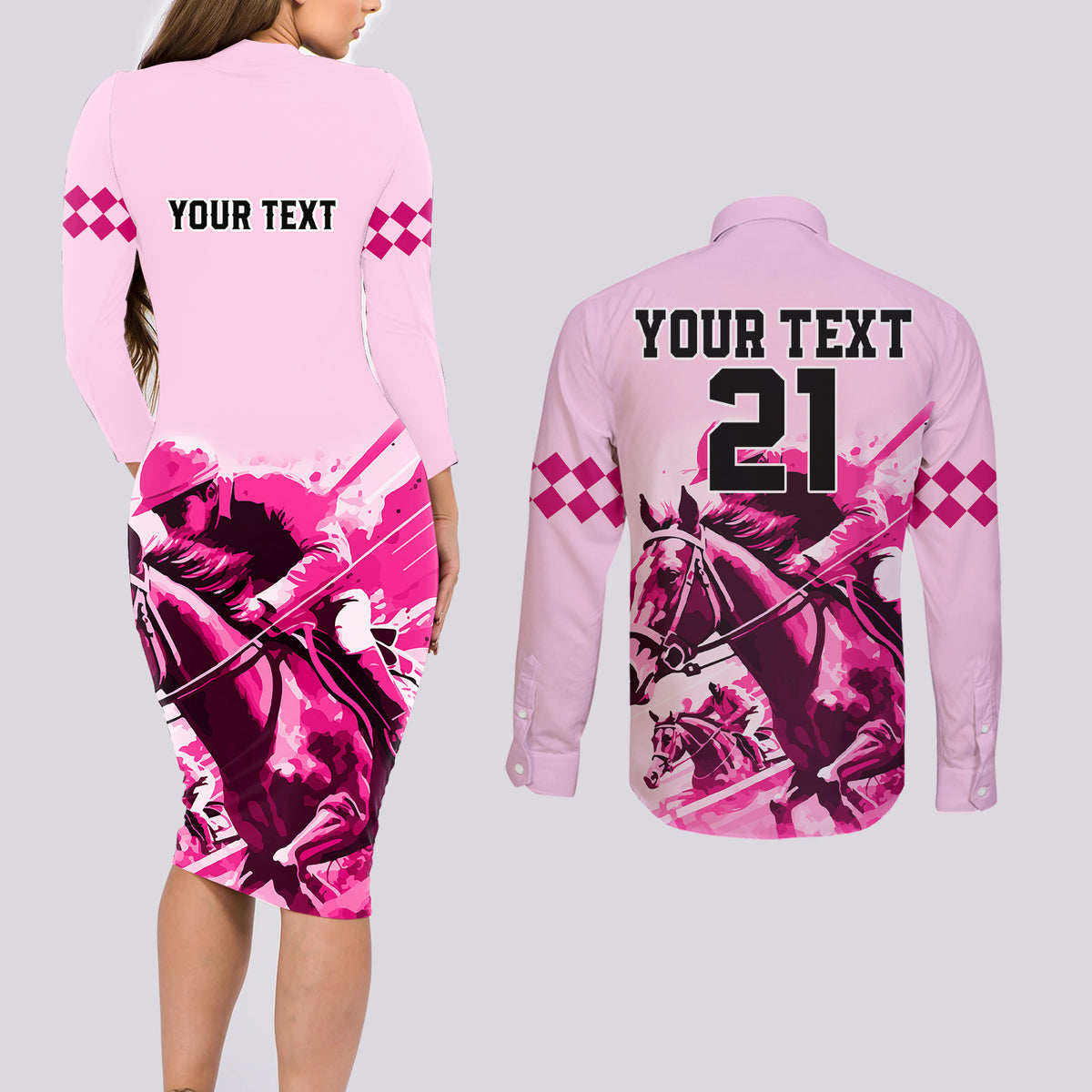 Personalised Kentucky Horse Racing Couples Matching Long Sleeve Bodycon Dress and Long Sleeve Button Shirts 150th Anniversary Sporting Art Pink Version LT9 - Wonder Print Shop