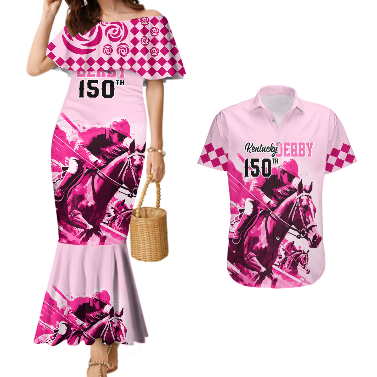 Personalised Kentucky Horse Racing Couples Matching Mermaid Dress and Hawaiian Shirt 150th Anniversary Sporting Art Pink Version LT9 - Wonder Print Shop