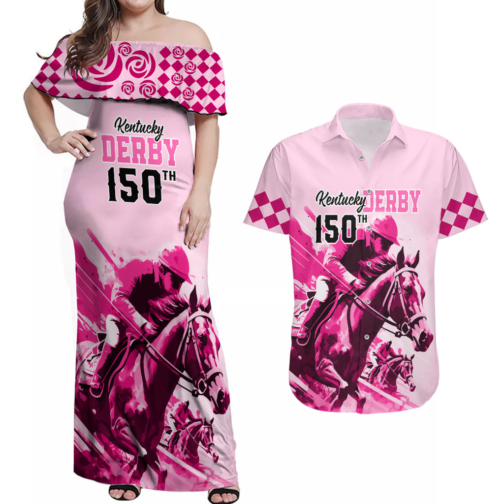 Personalised Kentucky Horse Racing Couples Matching Off Shoulder Maxi Dress and Hawaiian Shirt 150th Anniversary Sporting Art Pink Version LT9 - Wonder Print Shop