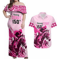 Personalised Kentucky Horse Racing Couples Matching Off Shoulder Maxi Dress and Hawaiian Shirt 150th Anniversary Sporting Art Pink Version LT9 - Wonder Print Shop