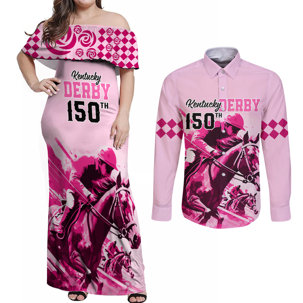 Personalised Kentucky Horse Racing Couples Matching Off Shoulder Maxi Dress and Long Sleeve Button Shirts 150th Anniversary Sporting Art Pink Version LT9 - Wonder Print Shop