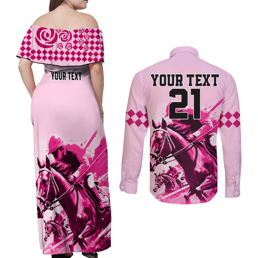Personalised Kentucky Horse Racing Couples Matching Off Shoulder Maxi Dress and Long Sleeve Button Shirts 150th Anniversary Sporting Art Pink Version LT9 - Wonder Print Shop