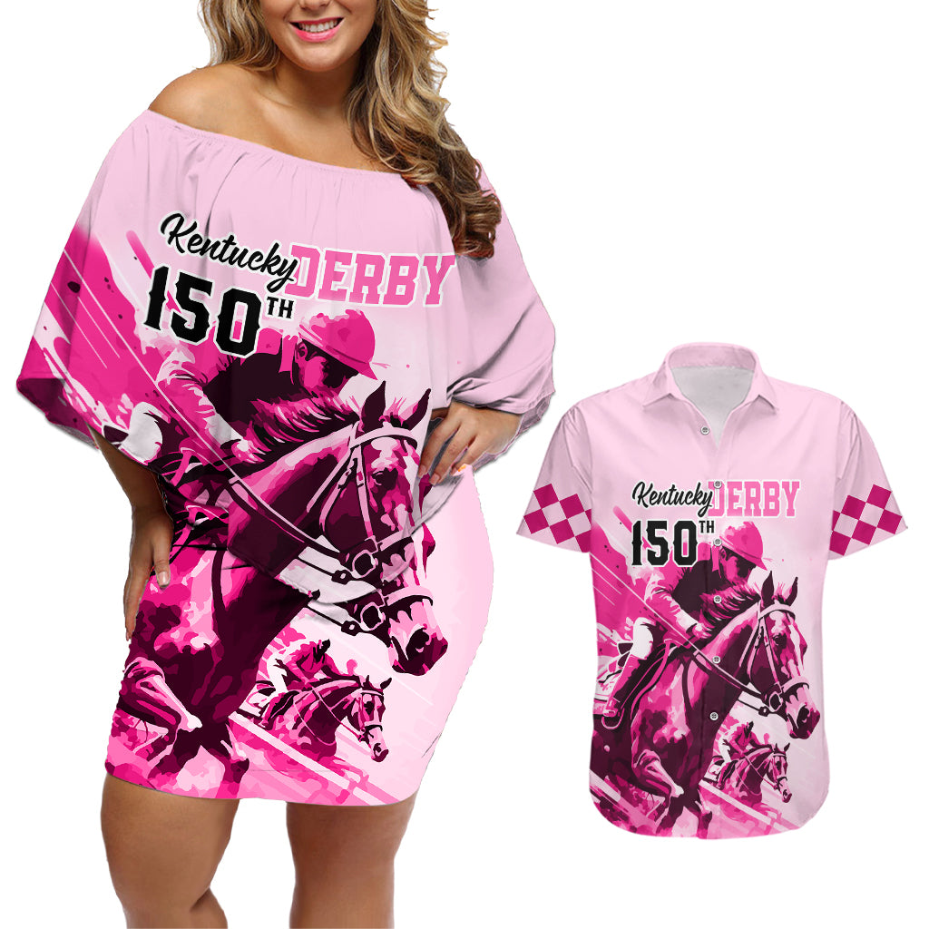 Personalised Kentucky Horse Racing Couples Matching Off Shoulder Short Dress and Hawaiian Shirt 150th Anniversary Sporting Art Pink Version LT9 - Wonder Print Shop