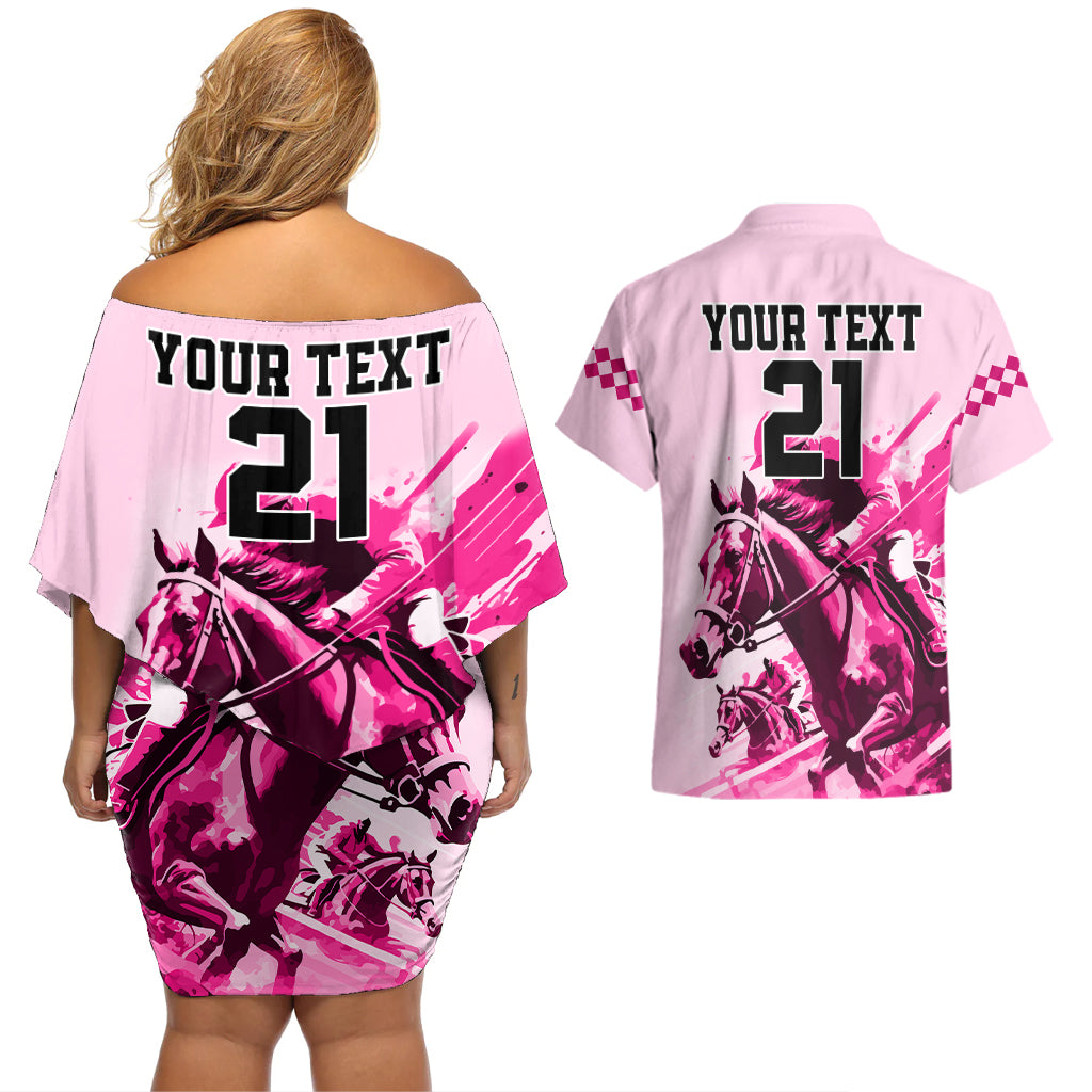 Personalised Kentucky Horse Racing Couples Matching Off Shoulder Short Dress and Hawaiian Shirt 150th Anniversary Sporting Art Pink Version LT9 - Wonder Print Shop