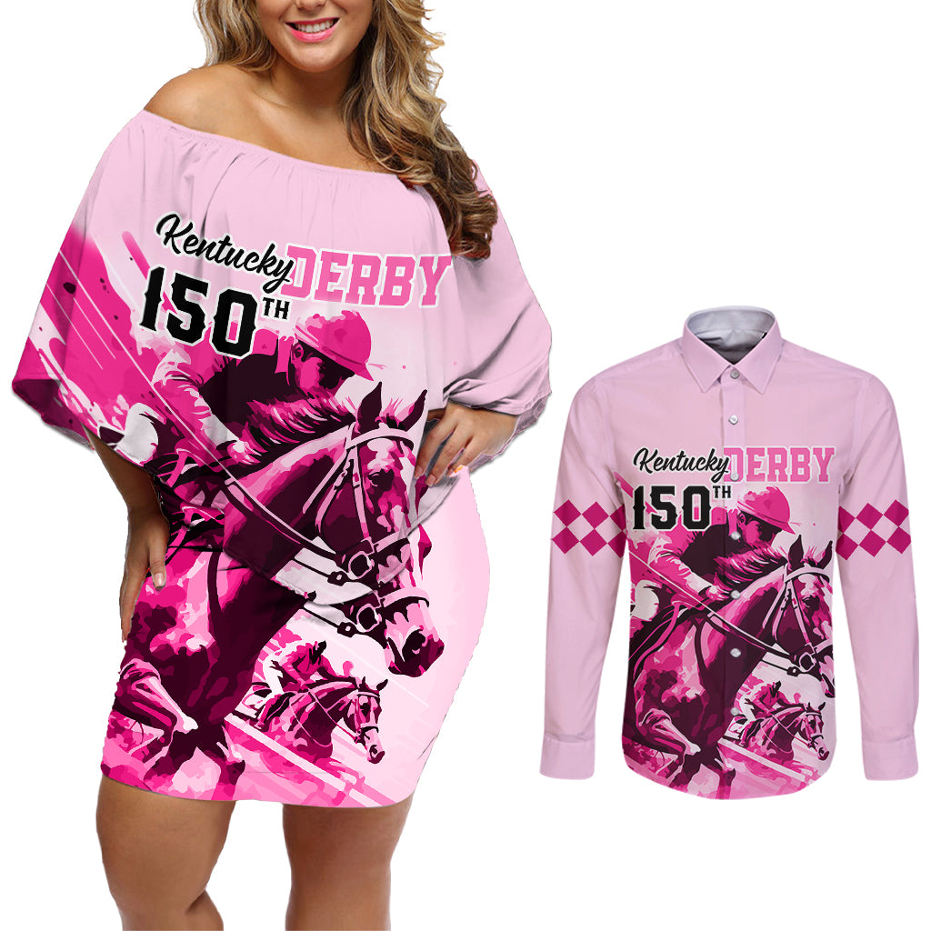 Personalised Kentucky Horse Racing Couples Matching Off Shoulder Short Dress and Long Sleeve Button Shirts 150th Anniversary Sporting Art Pink Version LT9 - Wonder Print Shop