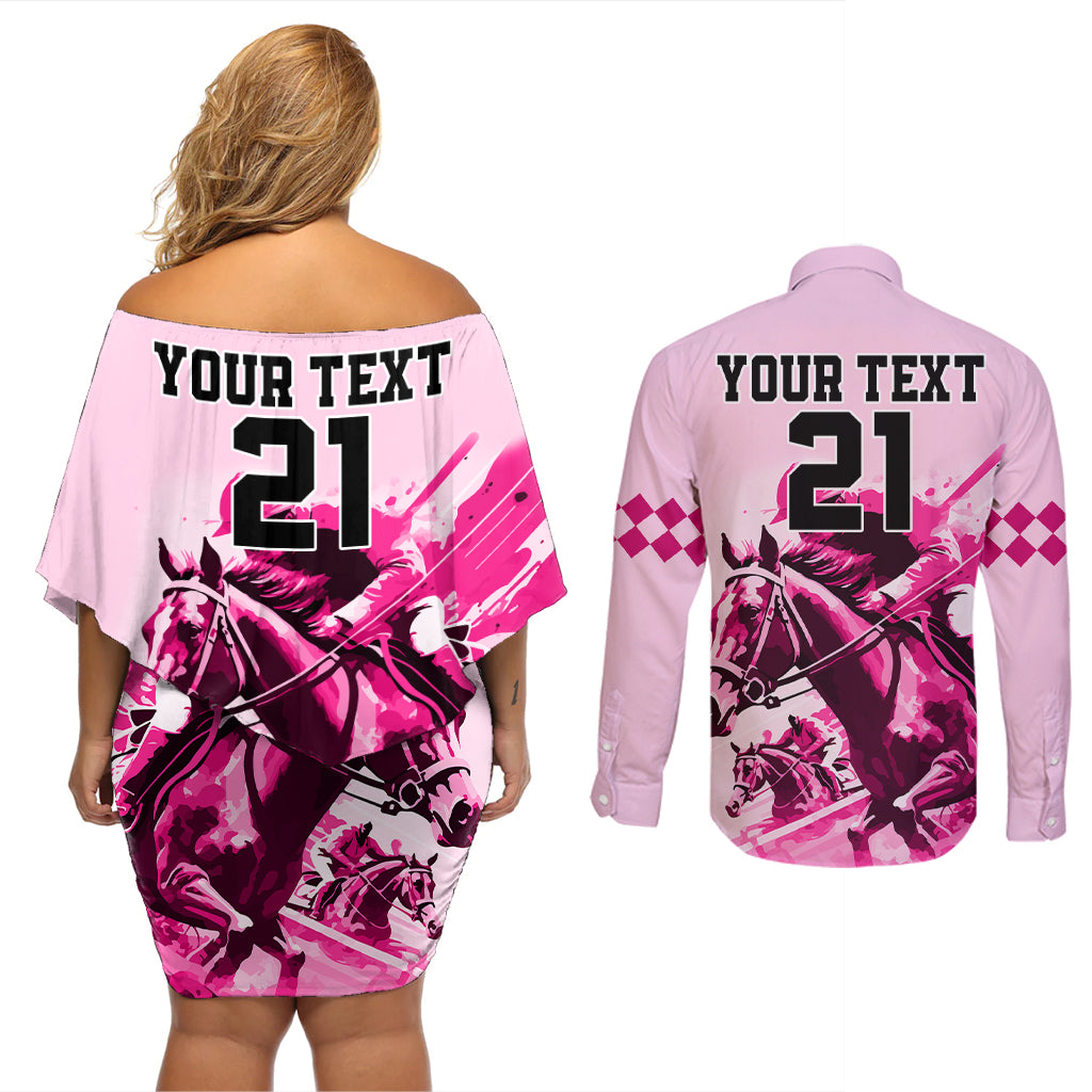 Personalised Kentucky Horse Racing Couples Matching Off Shoulder Short Dress and Long Sleeve Button Shirts 150th Anniversary Sporting Art Pink Version LT9 - Wonder Print Shop