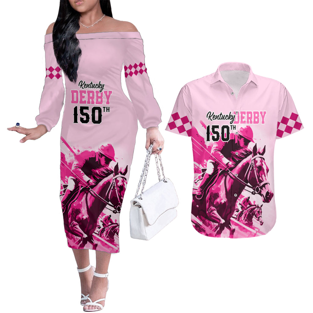 Personalised Kentucky Horse Racing Couples Matching Off The Shoulder Long Sleeve Dress and Hawaiian Shirt 150th Anniversary Sporting Art Pink Version LT9 - Wonder Print Shop