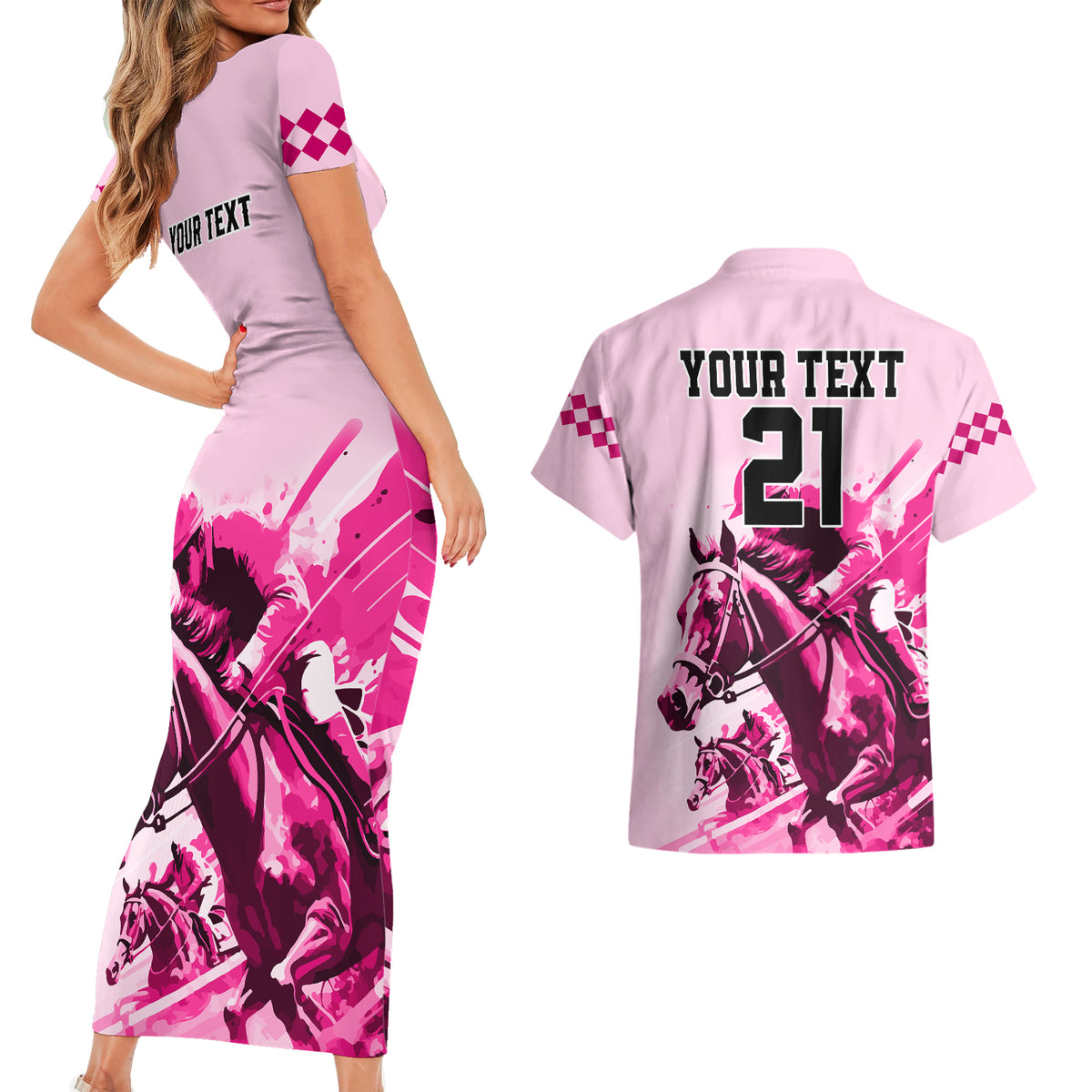 Personalised Kentucky Horse Racing Couples Matching Short Sleeve Bodycon Dress and Hawaiian Shirt 150th Anniversary Sporting Art Pink Version LT9 - Wonder Print Shop