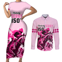 Personalised Kentucky Horse Racing Couples Matching Short Sleeve Bodycon Dress and Long Sleeve Button Shirts 150th Anniversary Sporting Art Pink Version LT9 - Wonder Print Shop