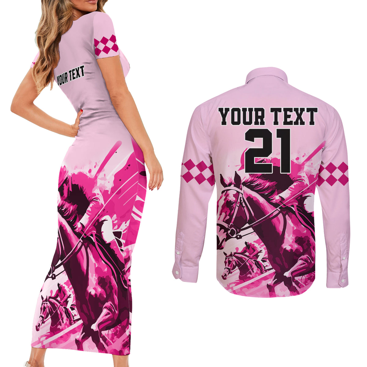 Personalised Kentucky Horse Racing Couples Matching Short Sleeve Bodycon Dress and Long Sleeve Button Shirts 150th Anniversary Sporting Art Pink Version LT9 - Wonder Print Shop