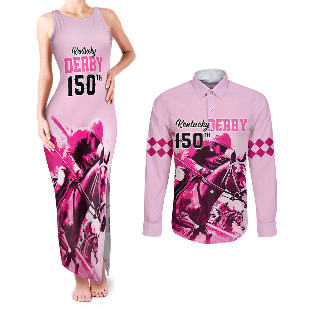 Personalised Kentucky Horse Racing Couples Matching Tank Maxi Dress and Long Sleeve Button Shirts 150th Anniversary Sporting Art Pink Version LT9 - Wonder Print Shop