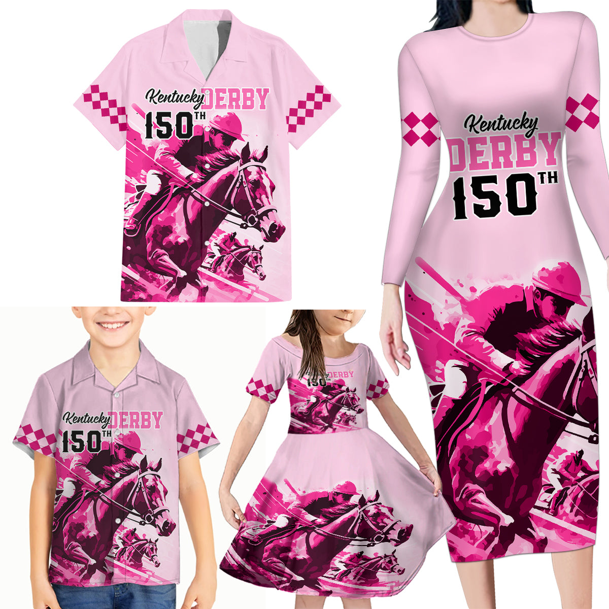 Personalised Kentucky Horse Racing Family Matching Long Sleeve Bodycon Dress and Hawaiian Shirt 150th Anniversary Sporting Art Pink Version LT9 - Wonder Print Shop