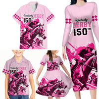 Personalised Kentucky Horse Racing Family Matching Long Sleeve Bodycon Dress and Hawaiian Shirt 150th Anniversary Sporting Art Pink Version LT9 - Wonder Print Shop