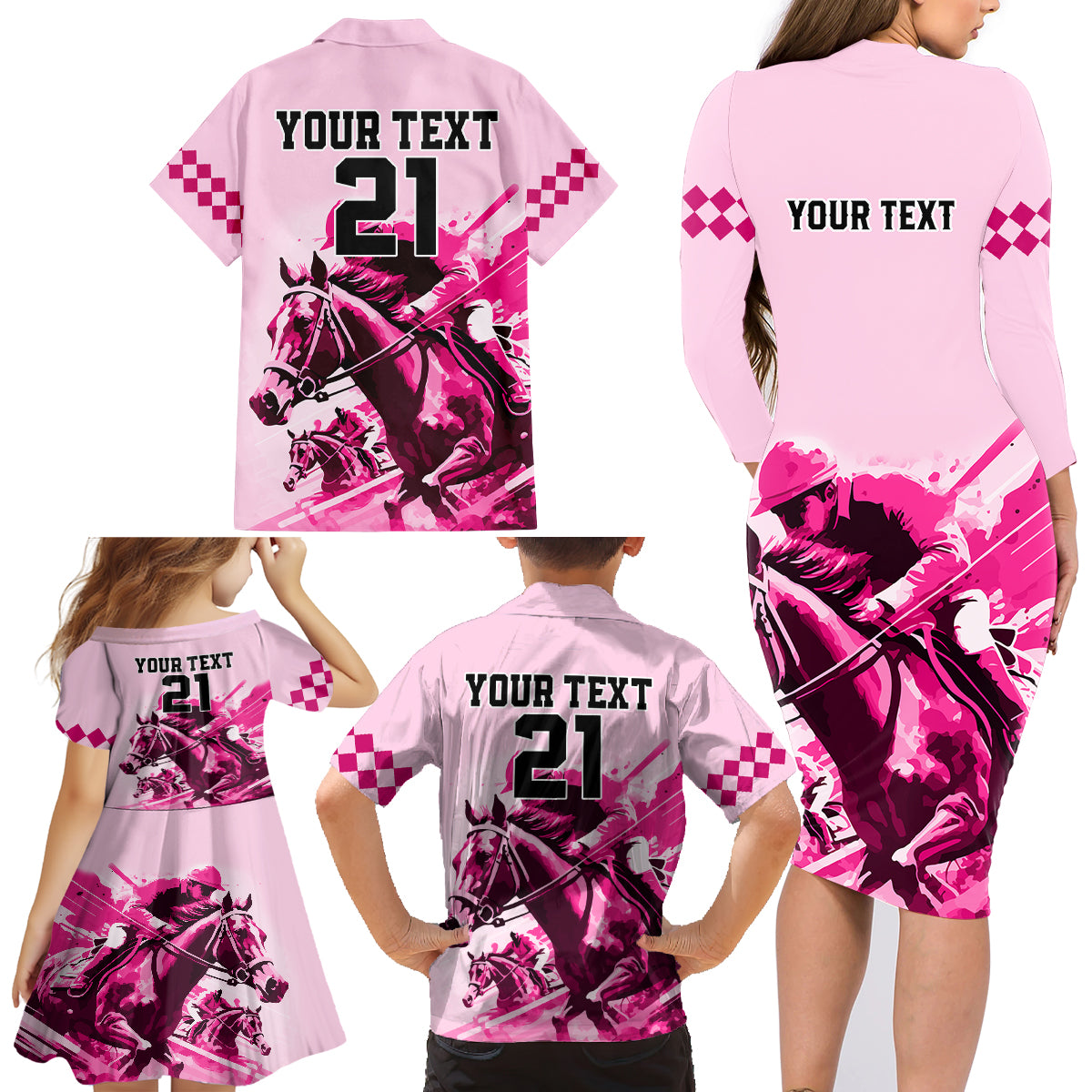Personalised Kentucky Horse Racing Family Matching Long Sleeve Bodycon Dress and Hawaiian Shirt 150th Anniversary Sporting Art Pink Version LT9 - Wonder Print Shop