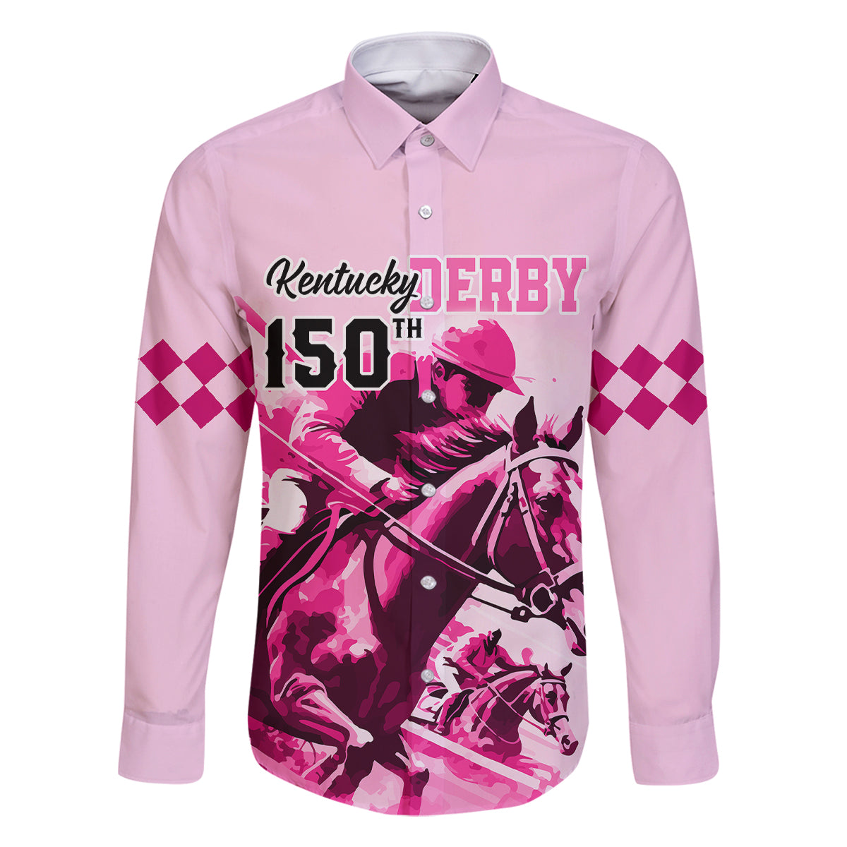 Personalised Kentucky Horse Racing Family Matching Off Shoulder Long Sleeve Dress and Hawaiian Shirt 150th Anniversary Sporting Art Pink Version - Wonder Print Shop