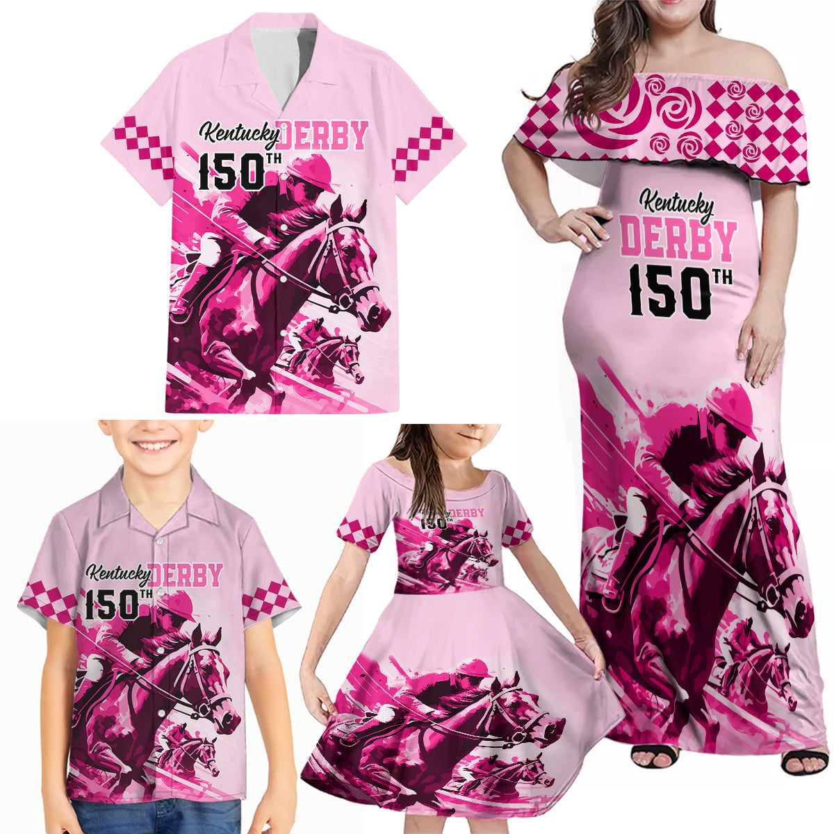 Personalised Kentucky Horse Racing Family Matching Off Shoulder Maxi Dress and Hawaiian Shirt 150th Anniversary Sporting Art Pink Version LT9 - Wonder Print Shop