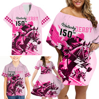 Personalised Kentucky Horse Racing Family Matching Off Shoulder Short Dress and Hawaiian Shirt 150th Anniversary Sporting Art Pink Version LT9 - Wonder Print Shop