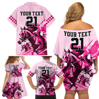 Personalised Kentucky Horse Racing Family Matching Off Shoulder Short Dress and Hawaiian Shirt 150th Anniversary Sporting Art Pink Version LT9 - Wonder Print Shop