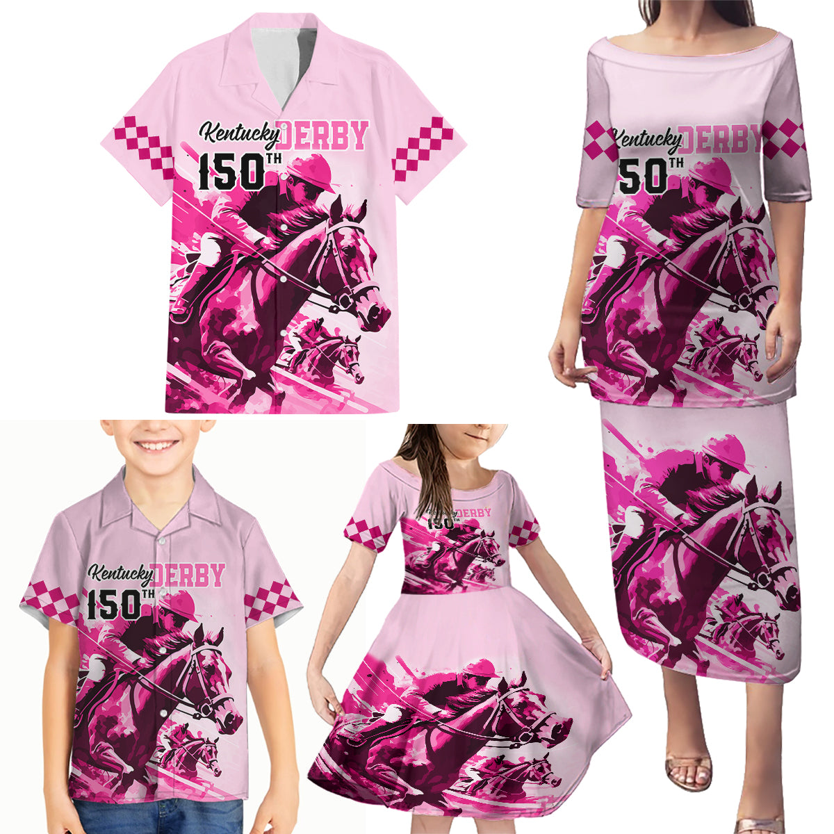 Personalised Kentucky Horse Racing Family Matching Puletasi Dress and Hawaiian Shirt 150th Anniversary Sporting Art Pink Version - Wonder Print Shop