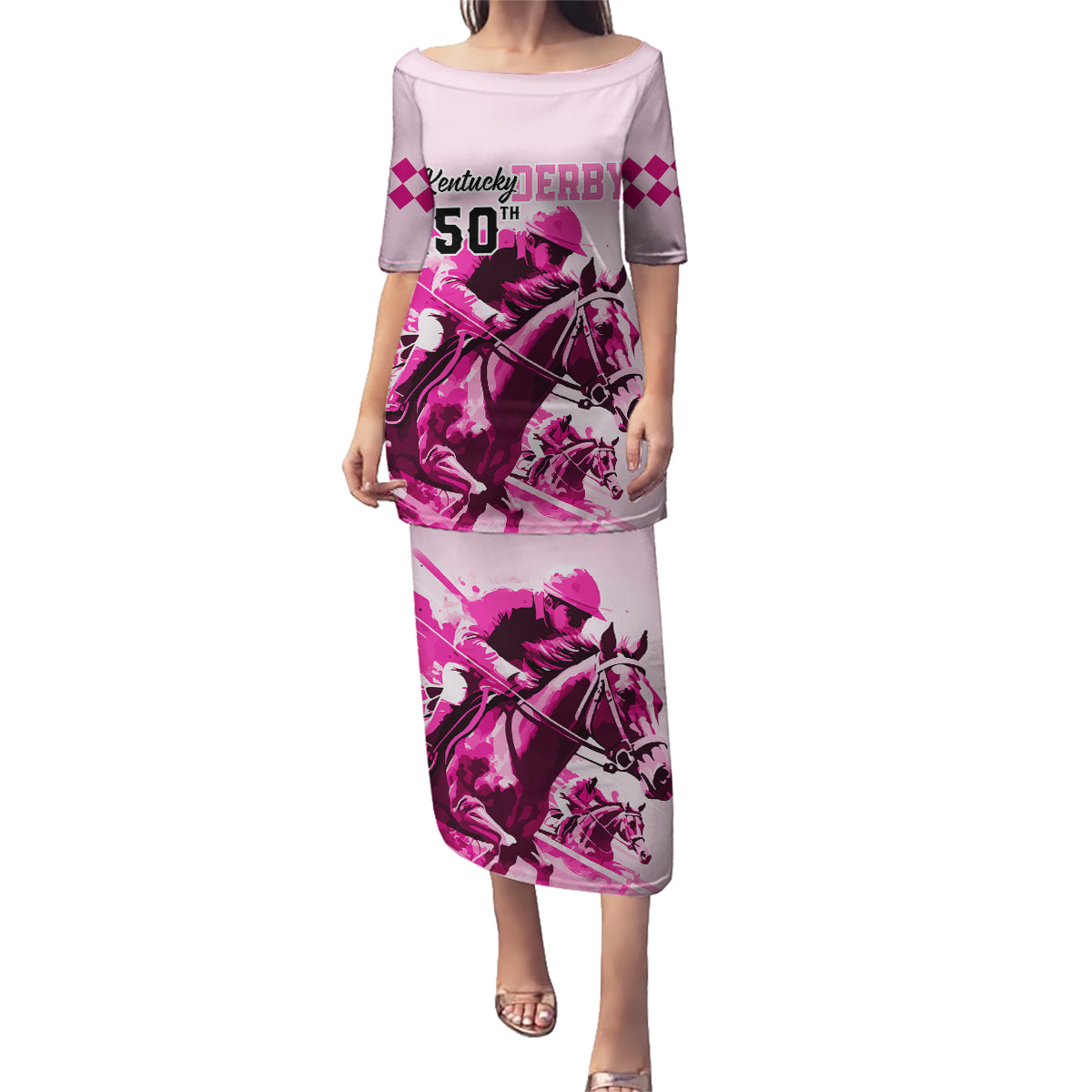 Personalised Kentucky Horse Racing Family Matching Puletasi Dress and Hawaiian Shirt 150th Anniversary Sporting Art Pink Version - Wonder Print Shop