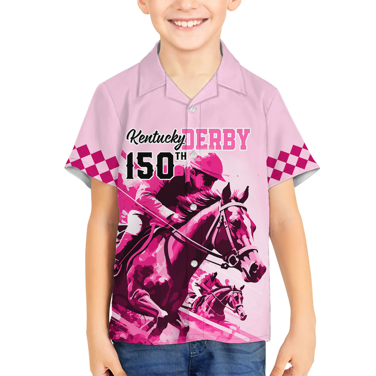 Personalised Kentucky Horse Racing Family Matching Puletasi Dress and Hawaiian Shirt 150th Anniversary Sporting Art Pink Version - Wonder Print Shop