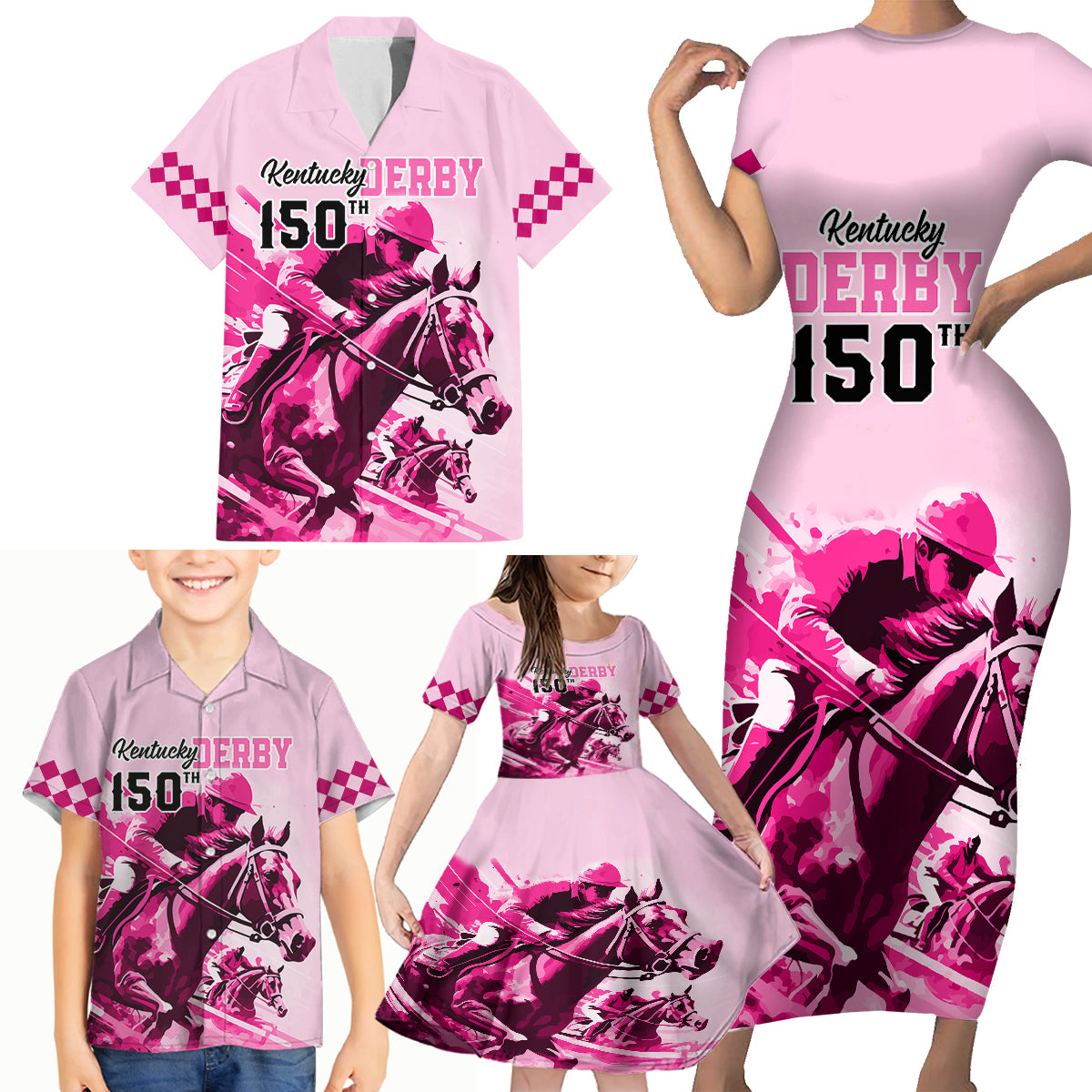 Personalised Kentucky Horse Racing Family Matching Short Sleeve Bodycon Dress and Hawaiian Shirt 150th Anniversary Sporting Art Pink Version - Wonder Print Shop