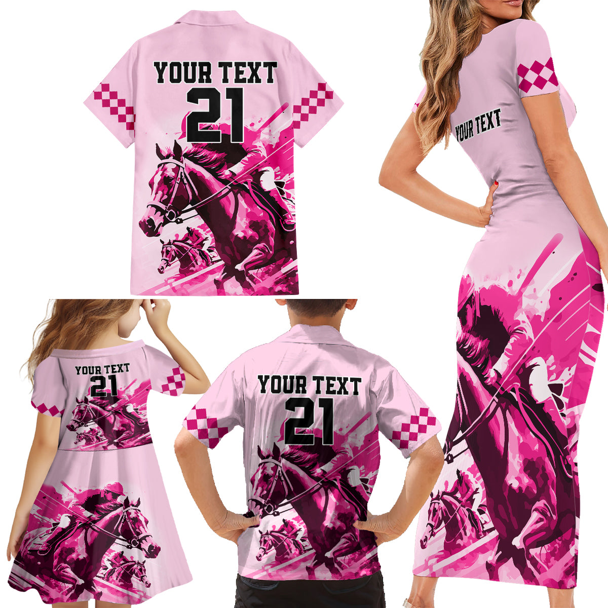 Personalised Kentucky Horse Racing Family Matching Short Sleeve Bodycon Dress and Hawaiian Shirt 150th Anniversary Sporting Art Pink Version - Wonder Print Shop