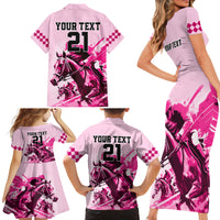 Personalised Kentucky Horse Racing Family Matching Short Sleeve Bodycon Dress and Hawaiian Shirt 150th Anniversary Sporting Art Pink Version - Wonder Print Shop