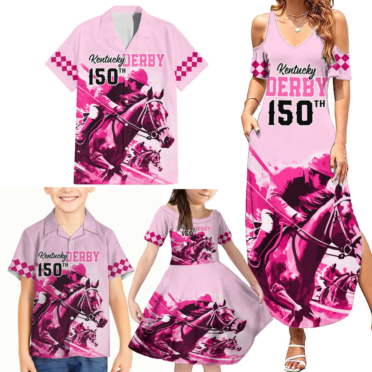 Personalised Kentucky Horse Racing Family Matching Summer Maxi Dress and Hawaiian Shirt 150th Anniversary Sporting Art Pink Version - Wonder Print Shop