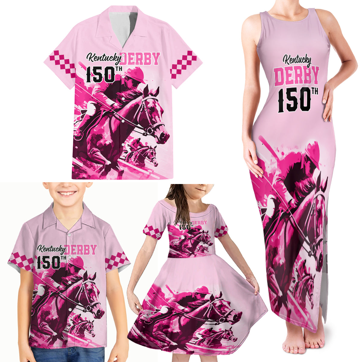 Personalised Kentucky Horse Racing Family Matching Tank Maxi Dress and Hawaiian Shirt 150th Anniversary Sporting Art Pink Version - Wonder Print Shop