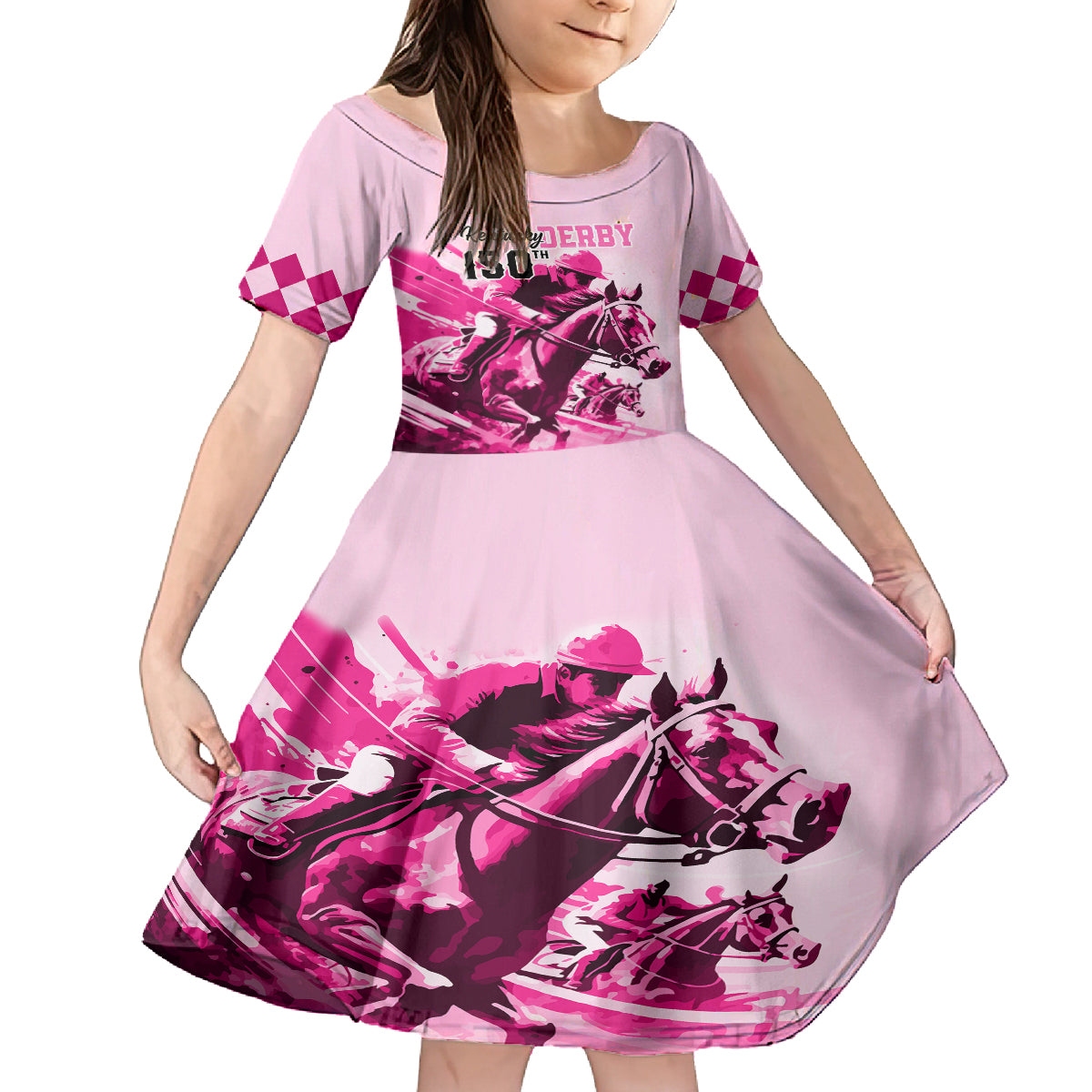 Personalised Kentucky Horse Racing Kid Short Sleeve Dress 150th Anniversary Sporting Art Pink Version - Wonder Print Shop