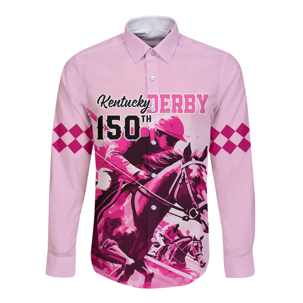 Personalised Kentucky Horse Racing Long Sleeve Button Shirt 150th Anniversary Sporting Art Pink Version - Wonder Print Shop
